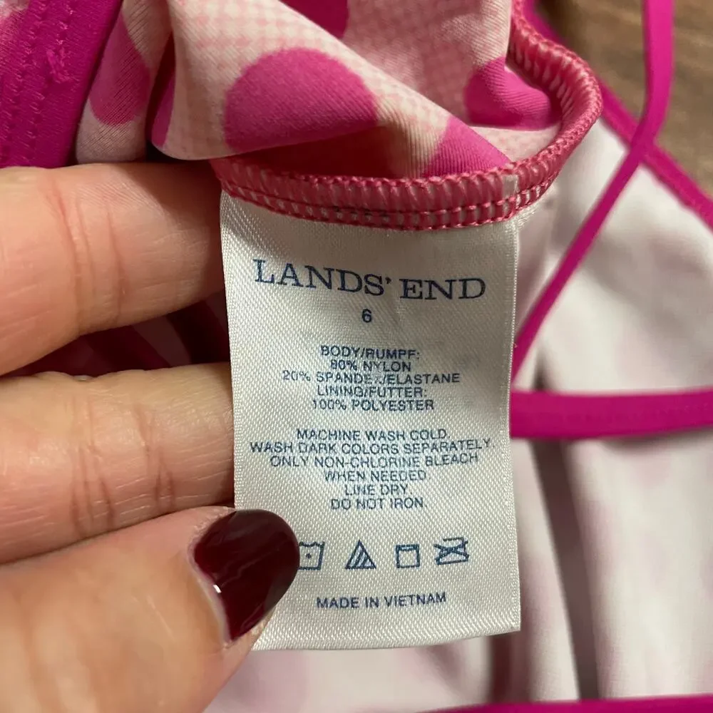 Lands End Girls Tankini Top Pink Polka Dot Size 6 Ruffle Racerback